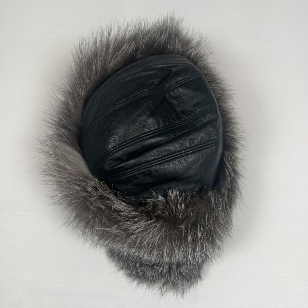 FRR Men Silver Fox Fur Black Leather Trapper Hat Winter Ear Flaps